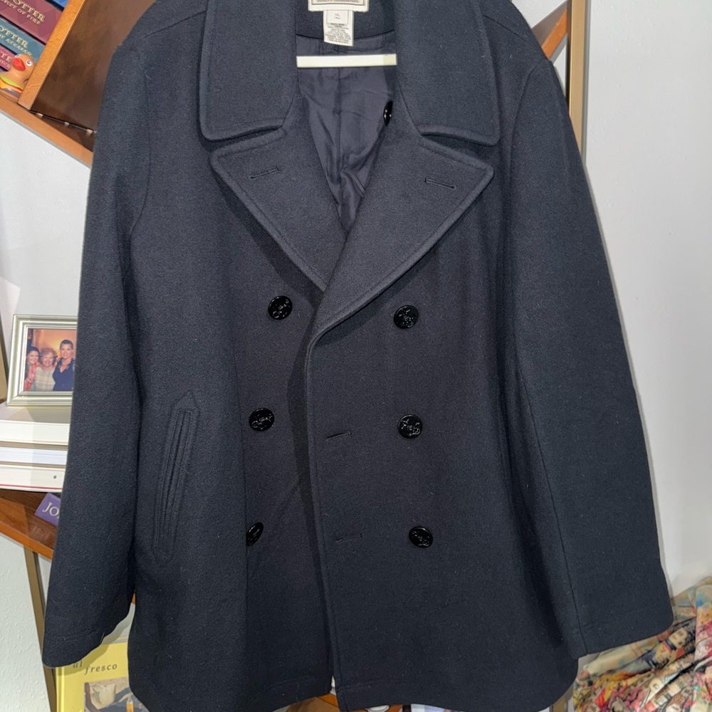 L.L. Bean Black Pea Coat Double-Breasted Wool Blend
